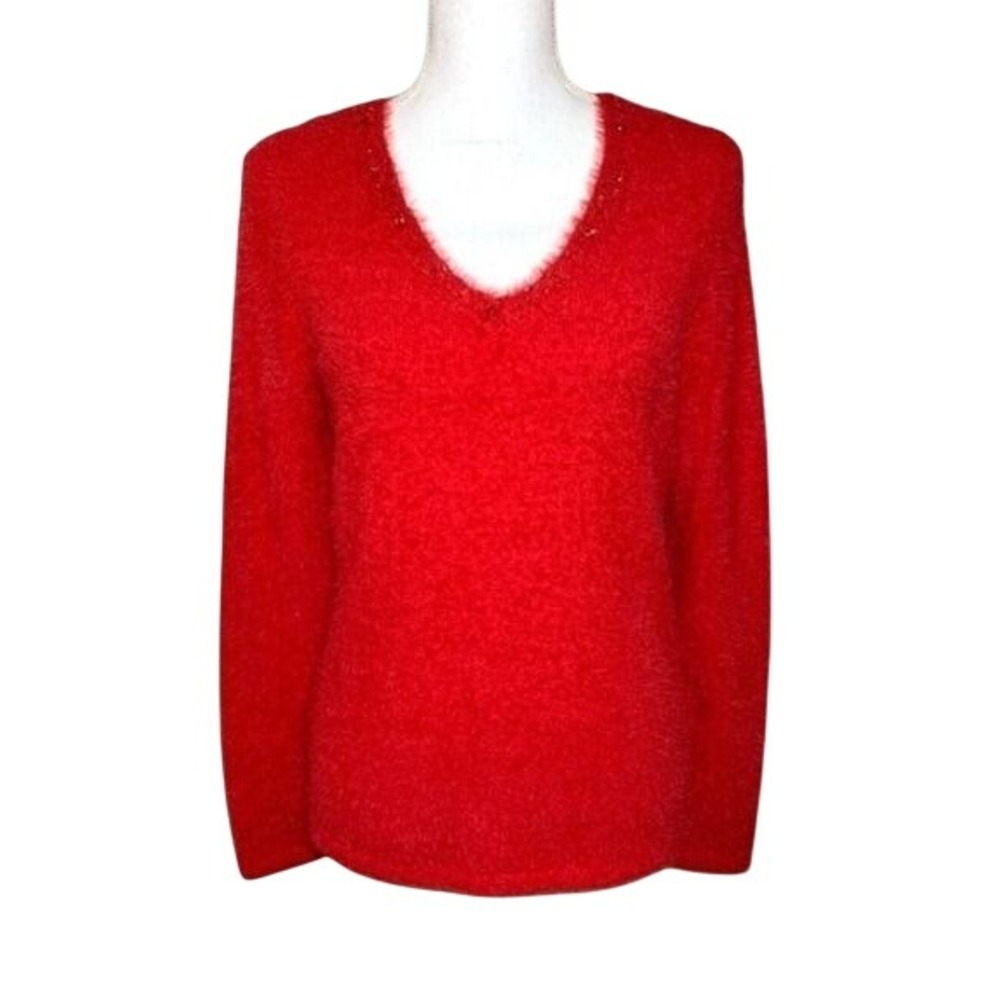 Elena‎ Wang Vibrant Red Eye-Lash V-Neck Jeweled Sweater Women Small NWT